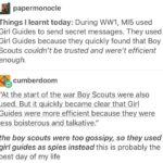 feminine memes Women, Girl Guides, Boy Scouts, Girl Scout, White, Wes Anderson text: papermonocle Things I learnt today: During WW1, M15 used Girl Guides to send secret messages. They used Girl Guides because they quickly found that Boy Scouts couldn