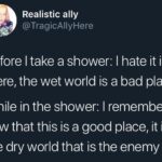 Water Memes Water, Theyve text: Realistic ally @TragicAlIyHere Before I take a shower: I hate it in there, the wet world is a bad place While in the shower: I remember now that this is a good place, it is the dry world that is the enemy  Water, Theyve