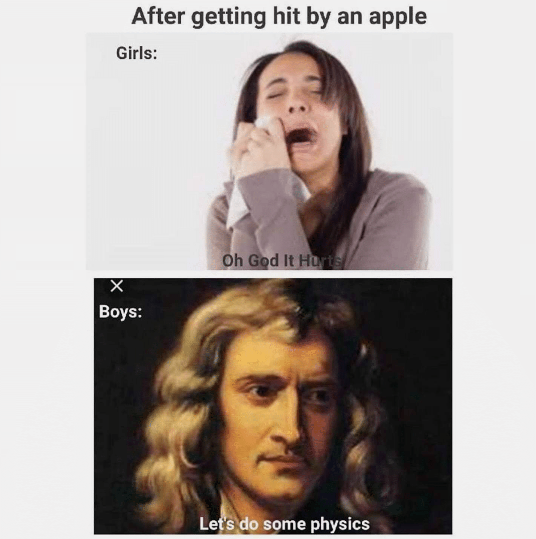Cringe,  cringe memes Cringe,  text: After getting hit by an apple Girls: Boys: ome physics 