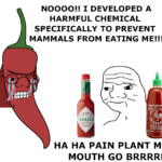 other memes Funny, Tabasco, Thought, Hot Ones, Capsaicin text: NOOOO!! 1 DEVELOPED A HARMFUL CHEMICAL SPECIFICALLY TO PREVENT MAMMALS FROM EATING ME!!! NOT TABASC HA HA PAIN PLANT MAKE MOUTH GO BRRRRR 