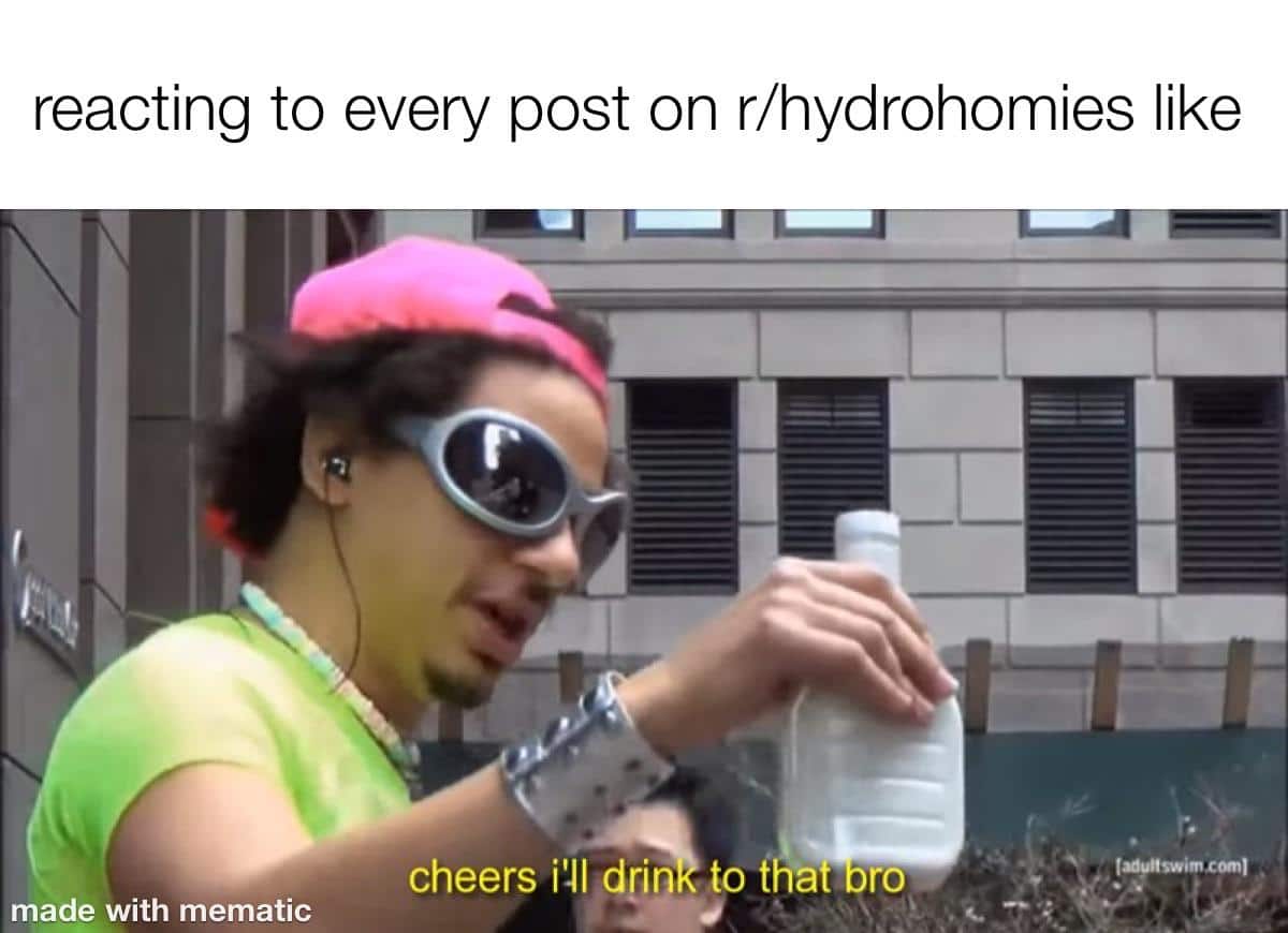 Water,  Water Memes Water,  text: reacting to every post on r/hydrohomies like cheers i'll drin to fhb ro made with mematic 