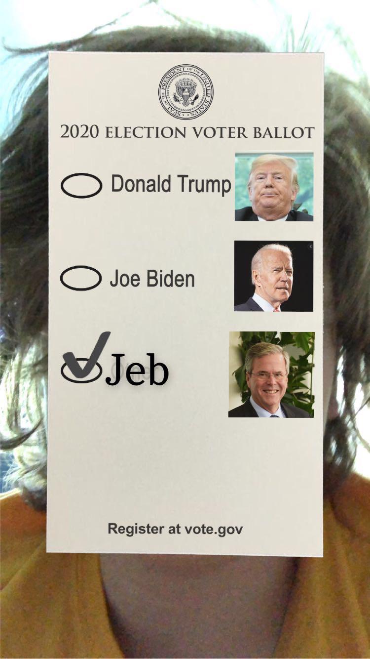 Political, Jeb Political Memes Political, Jeb text: 2020 ELECTION VOTER BALLOT O Donald Trump O Joe Biden Jeb Register at vote.gov 