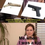 other memes Funny, Hmmm, Glock, USA, Pam, Cops text: Corporate needs you to find the differences between this picture and this picture. Menwheh I y,tas/a kid They