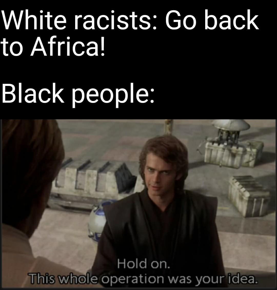 History, Africa, Liberia, America, Americans, Africans History Memes History, Africa, Liberia, America, Americans, Africans text: White racists: Go back to Africa! Black people: Hold on. 'Thisawhole operation was your idea. 