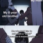 Anime Memes Anime, Good text: My mom My 8 year old brother Me who told him to call mom a "bitch" because it means pretty 