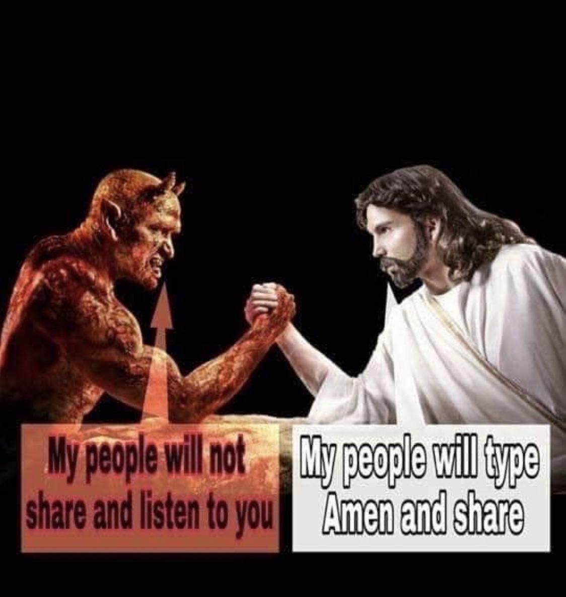 Political, Satan, Jesus, JC, Facebook boomer memes Political, Satan, Jesus, JC, Facebook text: Amen and share 