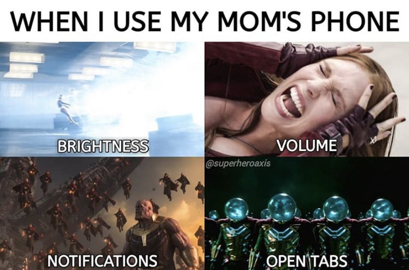Thanos,  Avengers Memes Thanos,  text: WHEN I USE MY MOM'S PHONE NOTIFICATIONS VOLUME' @superheroaxis OPENITABS 