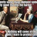 History Memes History, British, Boston Tea Party, Boston, American, BLM text: "Apparently some thugs dumped some perfectly good tea iiitolhe harbor." "fothing will come ovtDbit they din