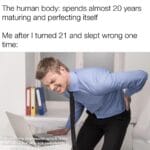 other memes Funny, Wait, LoL, Does text: The human body: spends almost 20 years maturing and perfecting itself Me after I turned 21 and slept wrong one time: Mädewit: my de whichéöot by but alö notcompletél 