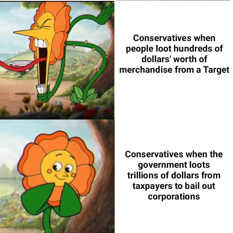 Political, Target, Obama Political Memes Political, Target, Obama text: Conservatives when people loot hundreds of dollars' worth of merchandise from a Target Conservatives when the government loots trillions of dollars from taxpayers to bail out corporations 