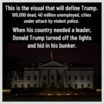 Political Memes Political, White House, Nancy Pelosi, Electoral College, Biden text: This is the visual that will define Trump. 100,000 dead, 40 million unemployed, cities under attack by violent police. When his country needed a leader, Donald Trump turned off the lights and hid in his bunker. 