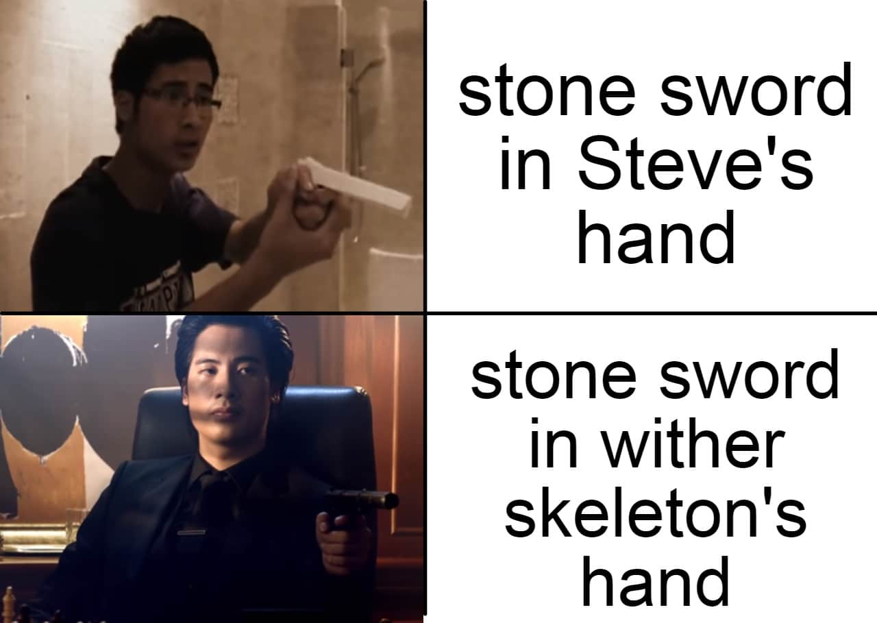 Minecraft,  minecraft memes Minecraft,  text: stone sword in Steve's stone sword in wither skeleton's hand 