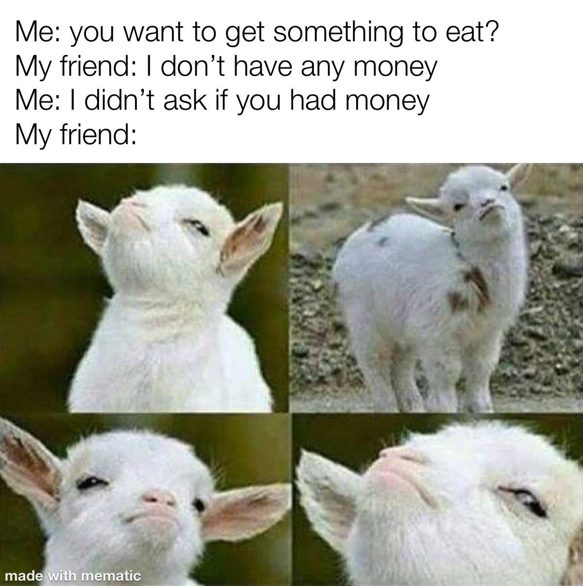 Wholesome memes, Friends Wholesome Memes Wholesome memes, Friends text: Me: you want to get something to eat? My friend: I don't have any money Me: I didn't ask if you had money My friend: made ith mematic 