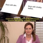 Wholesome Memes Wholesome memes, Thank, Love, Hope text: Boys with abs. Boys with chubby bellies. Corporate needs you to find the differences between this picture and this picture. They