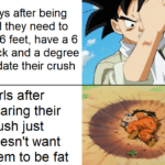 Dank Memes Dank, Reddit, Yamcha, Snapchat, Personality, Men text: Guys after being told they need to be 6 feet, have a 6 pack and a degree to date their crush Girls after hearing their crush just doesn
