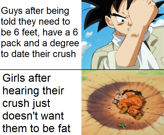 Dank, Reddit, Yamcha, Snapchat, Personality, Men Dank Memes Dank, Reddit, Yamcha, Snapchat, Personality, Men text: Guys after being told they need to be 6 feet, have a 6 pack and a degree to date their crush Girls after hearing their crush just doesn't want them to be fat 