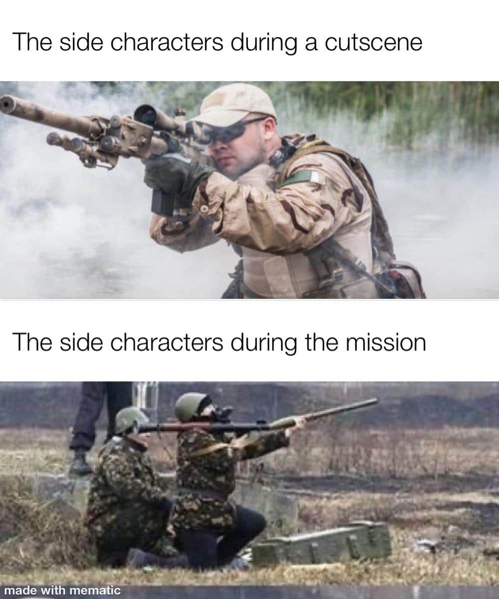 Funny, QUIET, Battlefield other memes Funny, QUIET, Battlefield text: The side characters during a cutscene The side characters during the mission made with mematlc 