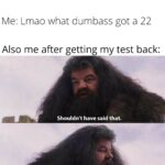 other memes Funny,  text: Teacher: The lowest score on the test was a 22. Me: Lmao what dumbass got a 22 Also me after getting my test back: Shouldn