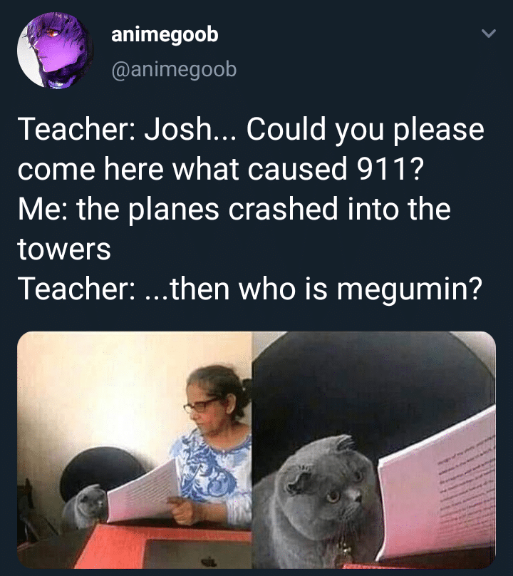 Anime, Apologies Anime Memes Anime, Apologies text: animegoob @animegoob Teacher: Josh... Could you please come here what caused 911? Me: the planes crashed into the towers Teacher: ...then who is megumin? 