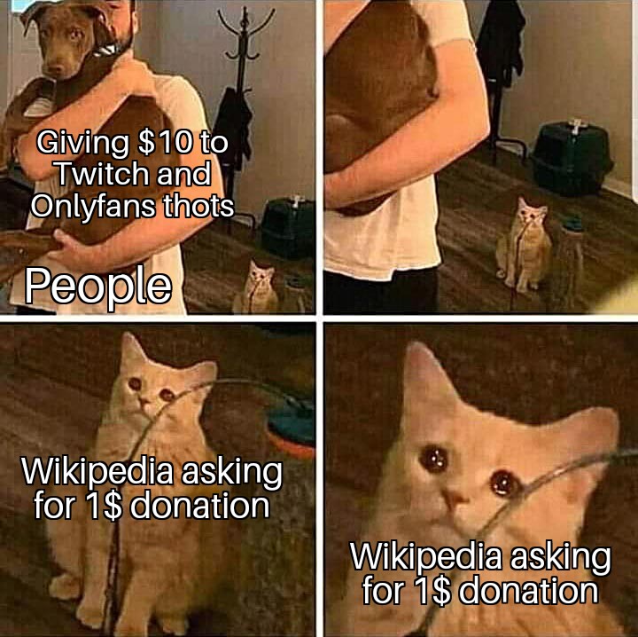 Funny, Wikipedia, Wiki, OnlyFans, Type, OC other memes Funny, Wikipedia, Wiki, OnlyFans, Type, OC text: Giving $10 to m Twitch and 9nlyfans thots people Wikiped@asking for 1$ donation Wikipedia asking for: 1 $ donatioo 