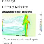 Anime Memes Anime, Big text: Nobody: Literally Nobody: aerodynamics of busty anime girls: 1.166 Titties cause massive air spin- around ANSY 0.812 0638 0.463 0.289 0.061 -0235 .0.se.4 -O. 759 -0.934 -1. ICS -1283 .l.as,