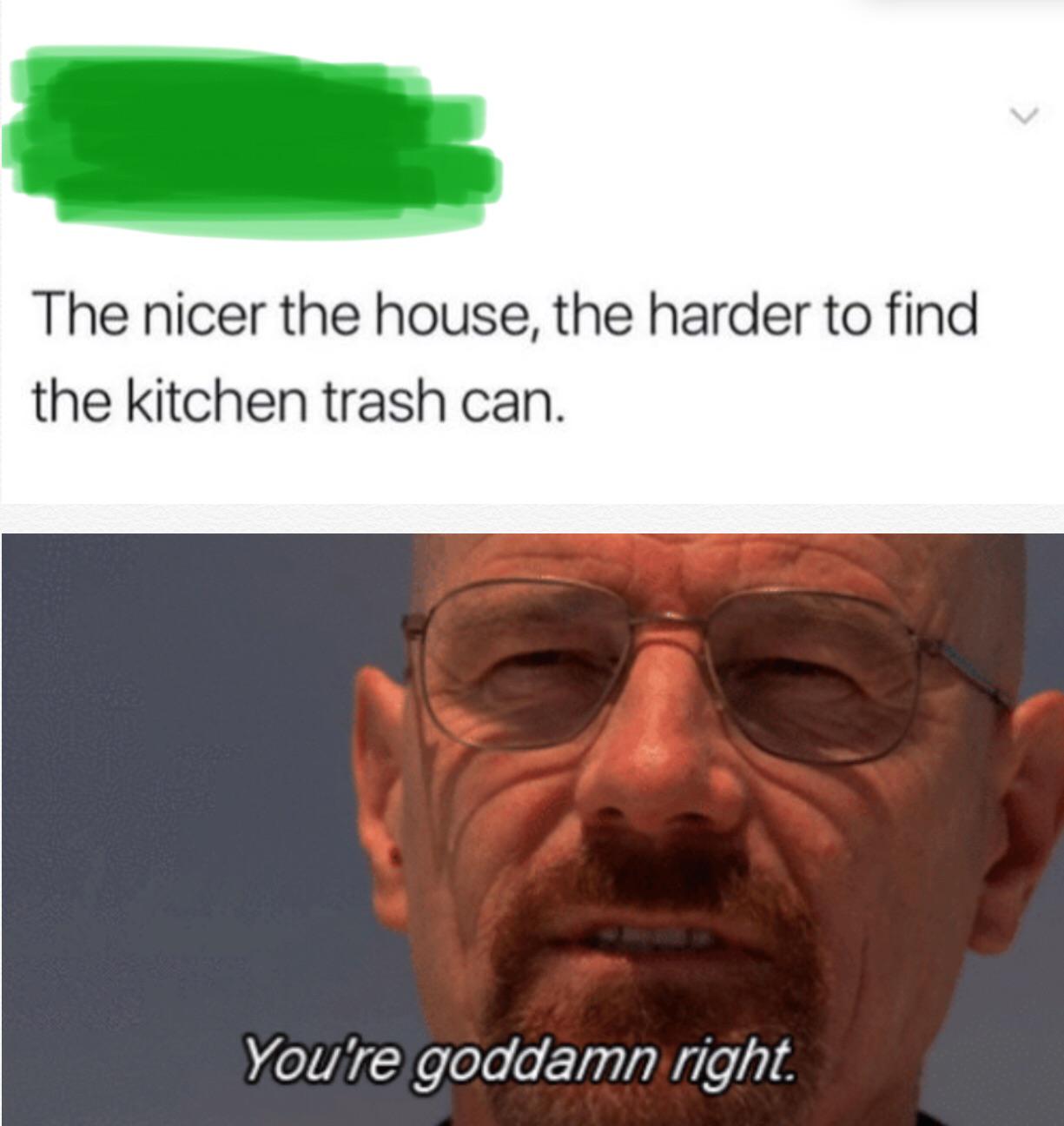 Funny, Poland, Nope, Denmark other memes Funny, Poland, Nope, Denmark text: The nicer the house, the harder to find the kitchen trash can. You're goddamn right. 