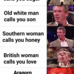 Wholesome Memes Wholesome memes, Russian, Jackson, British text: Black woman calls you sugar Old white man calls you son Southern woman calls you honey British woman calls you love Aragorn calls you my friend  Wholesome memes, Russian, Jackson, British