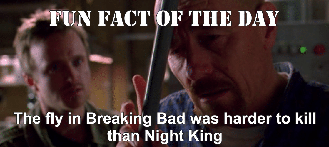 Game of thrones, Night King, Lightbringer, God, GOT, Fly Game of thrones memes Game of thrones, Night King, Lightbringer, God, GOT, Fly text: FUN FACT OF THE DAY gTdhe fly in Breaking Bad was harder to kill than Night King 