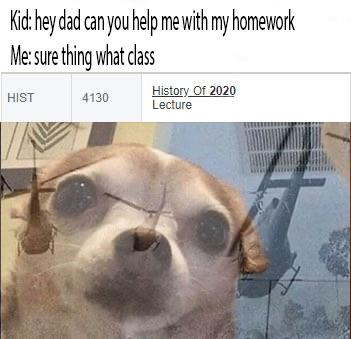Funny, PTSD, Cake Day, Happy, Fortunate Son, WW3 other memes Funny, PTSD, Cake Day, Happy, Fortunate Son, WW3 text: {d: hey dad can you help me with my homework Me: sure thing what class History Of 2020 4130 Lecture 
