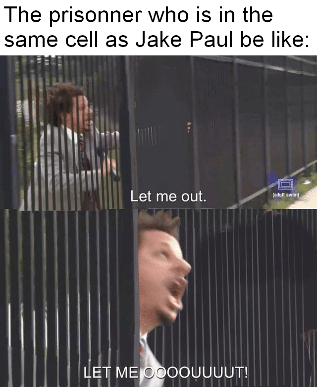 Funny, Paul, Logan, Jake other memes Funny, Paul, Logan, Jake text: The prisonner who is in the same cell as Jake Paul be like: Let me out. ME tadult swum 