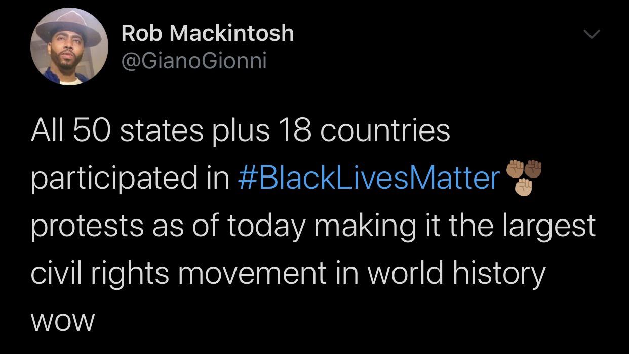 Tweets, Palestine, DT, Americans, PoliceBrutality, BLM Black Twitter Memes Tweets, Palestine, DT, Americans, PoliceBrutality, BLM text: Rob Mackintosh s @GianoGionni All 50 states plus 18 countries participated in #BlackLivesMatter protests as of today making it the largest civil rights movement in world history wow 