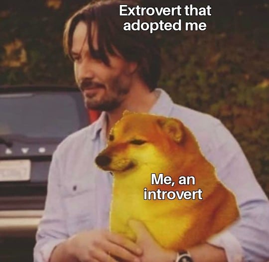 Funny, Keanu other memes Funny, Keanu text: Extrovert that adopted me Me, an uintrovert 