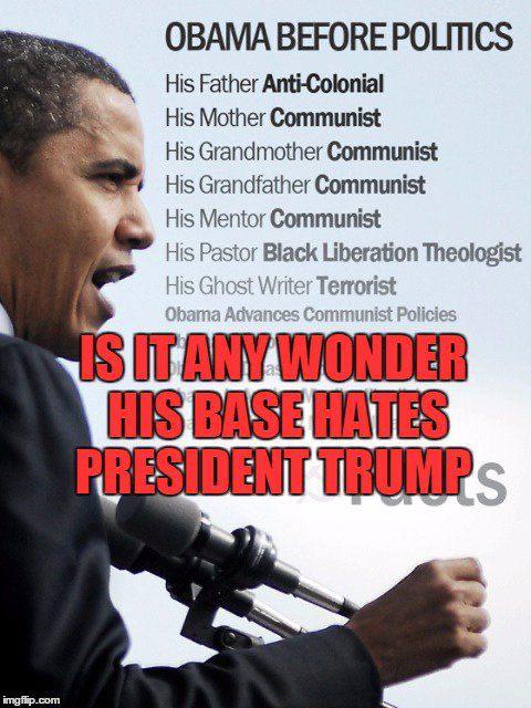 Political, Trump, Obama boomer memes Political, Trump, Obama text: OBAMA BEFORE POLITICS HIS Father Anti-Colonial His Mother Communist His Grandmother Communist His Grandfather Communist His Mentor Communist His Pastor Black Liberation Theologst His Ghost Writer Terrorist Obama Advances Communist Policies -s 