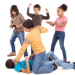 Kids watching a kid beat up another kid Stock Photo meme template