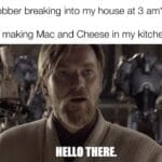 other memes Funny, Mac, Kenobi, Cheese, General Kenobi, AND NOBODY CAN STOP ME text: *Robber breaking into my house at 3 am* Me making Mac and Cheese in my kitchen HELLO  Funny, Mac, Kenobi, Cheese, General Kenobi, AND NOBODY CAN STOP ME