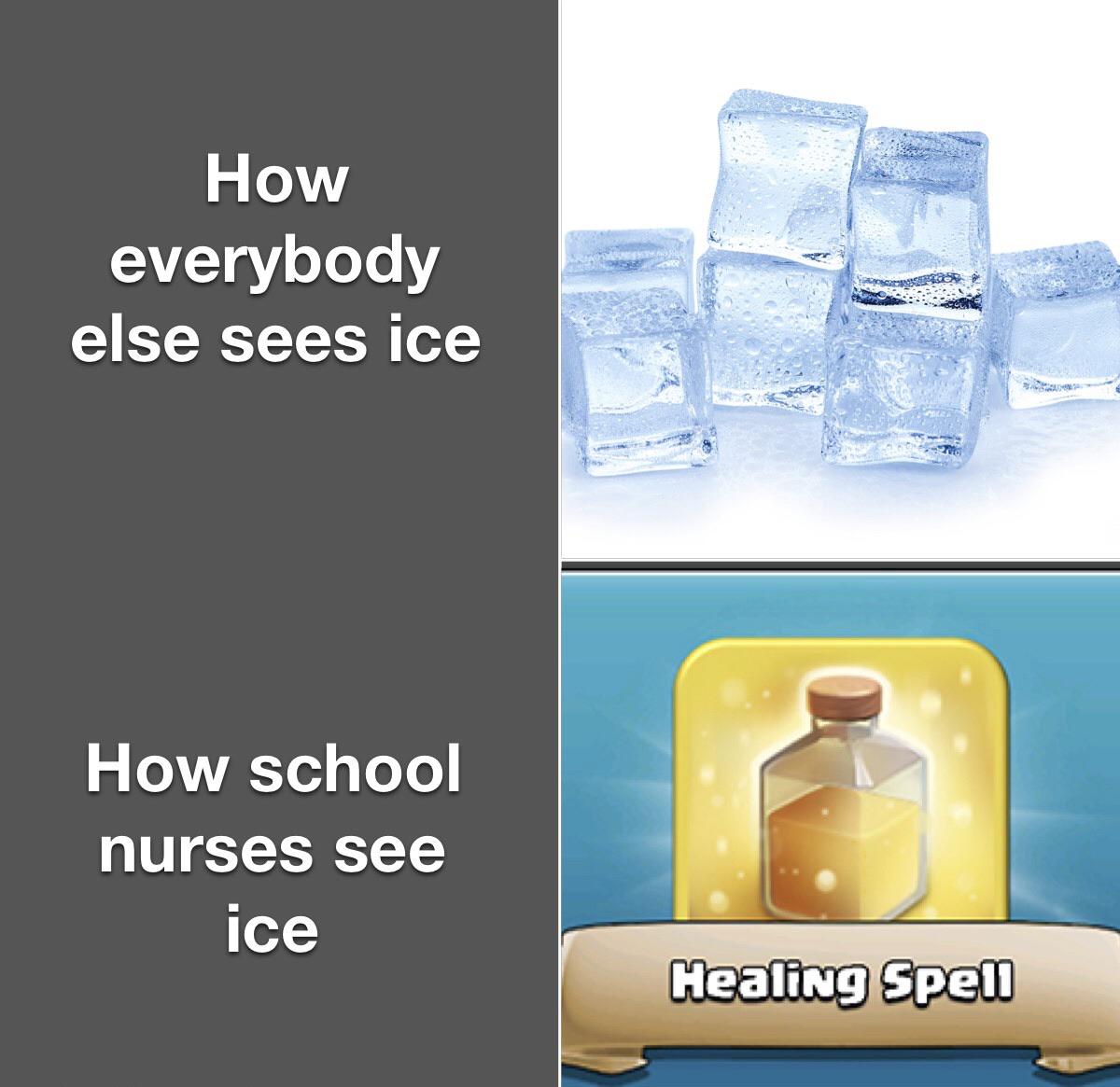 Funny, Nurse, Ice, ICE, School, Royale other memes Funny, Nurse, Ice, ICE, School, Royale text: How everybody else ice How school nurses see ice Healiæg Spelt 