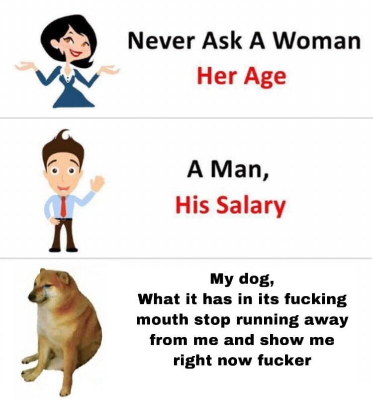 Funny, Whats other memes Funny, Whats text: i Never Ask A Woman Her Age A Man, His Salary My dog, What it has in its fucking mouth stop running away from me and show me right now fucker 