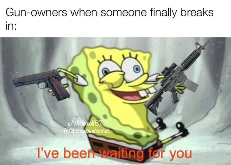 Spongebob, Theyre Spongebob Memes Spongebob, Theyre text: Gun-owners when someone finally breaks in: bee r you 