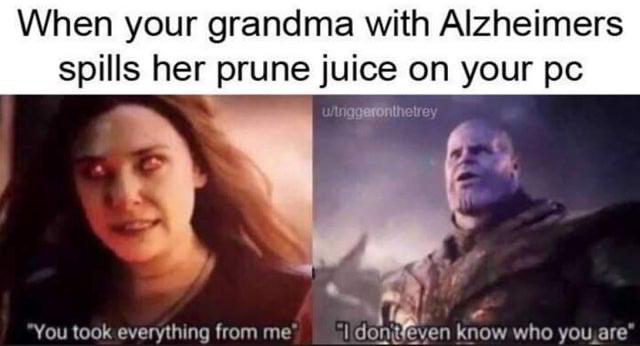 Thanos,  Avengers Memes Thanos,  text: When your grandma with Alzheimers spills her prune juice on your pc •you took everything from me•, - I dOLkt eyen koow who you— 