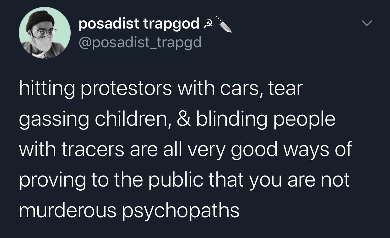 Tweets, Serve, Canada Day, America Black Twitter Memes Tweets, Serve, Canada Day, America text: posadist trapgod @posadist_trapgd hitting protestors with cars, tear gassing children, & blinding people with tracers are all very good ways of proving to the public that you are not murderous psychopaths 