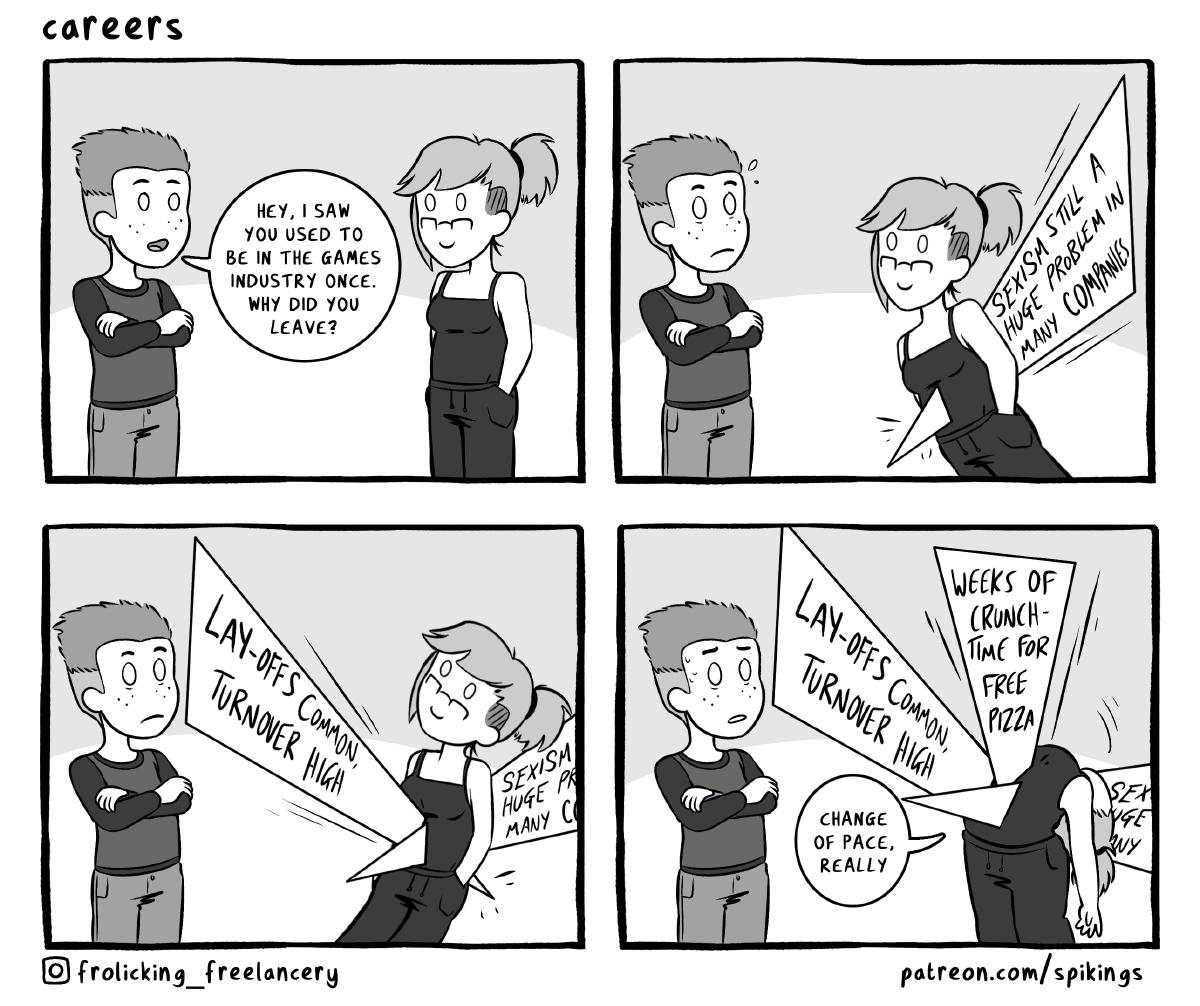 Careers, Lysistrata Comics Careers, Lysistrata text: careers 66 0 HEY, I SAW you USED TO BE IN THE GAMES INDUSTRY ONCE. WHY DID YOU LEAVE? @ frolicking _ freelancerg o o HI)4 MANY C 4k fog 1/48 CHANGE OF PACE, REALLY patreon.com/spikings 