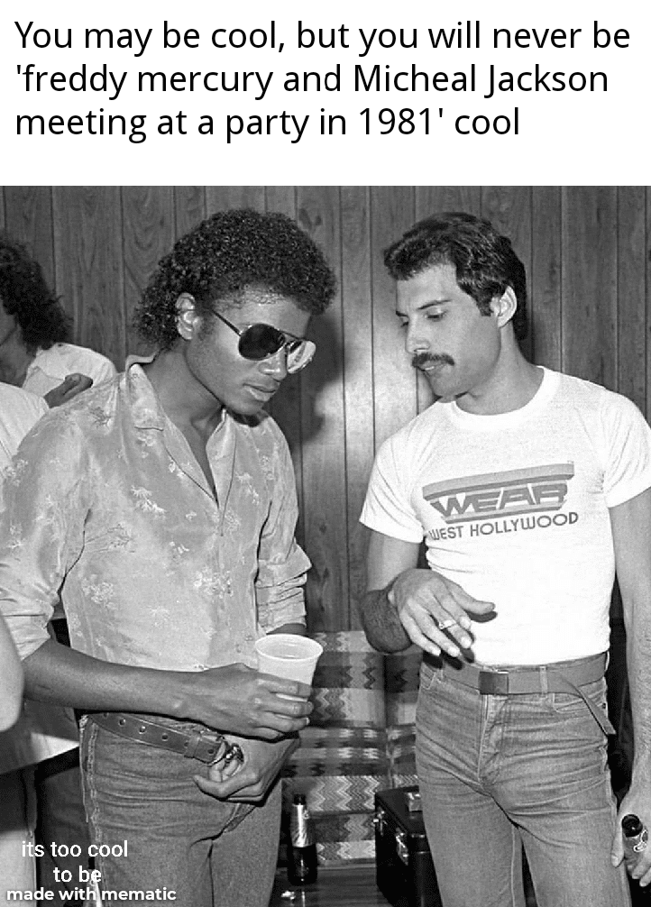 Funny, Michael, Freddie, Freddy, Mercury, MJ other memes Funny, Michael, Freddie, Freddy, Mercury, MJ text: You may be cool, but you will never be 'freddy mercury and Micheal Jackson meeting at a party in 1981' cool HOLL too cool to b \ ma e wit mematic 