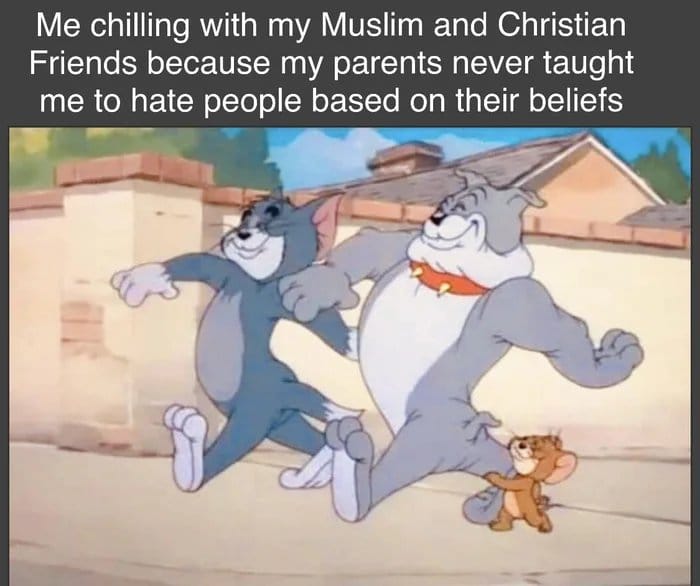 Wholesome memes, Christian, Islam Wholesome Memes Wholesome memes, Christian, Islam text: Me chilling with my Muslim and Christian Friends because my parents never taught me to hate people based on their beliefs 