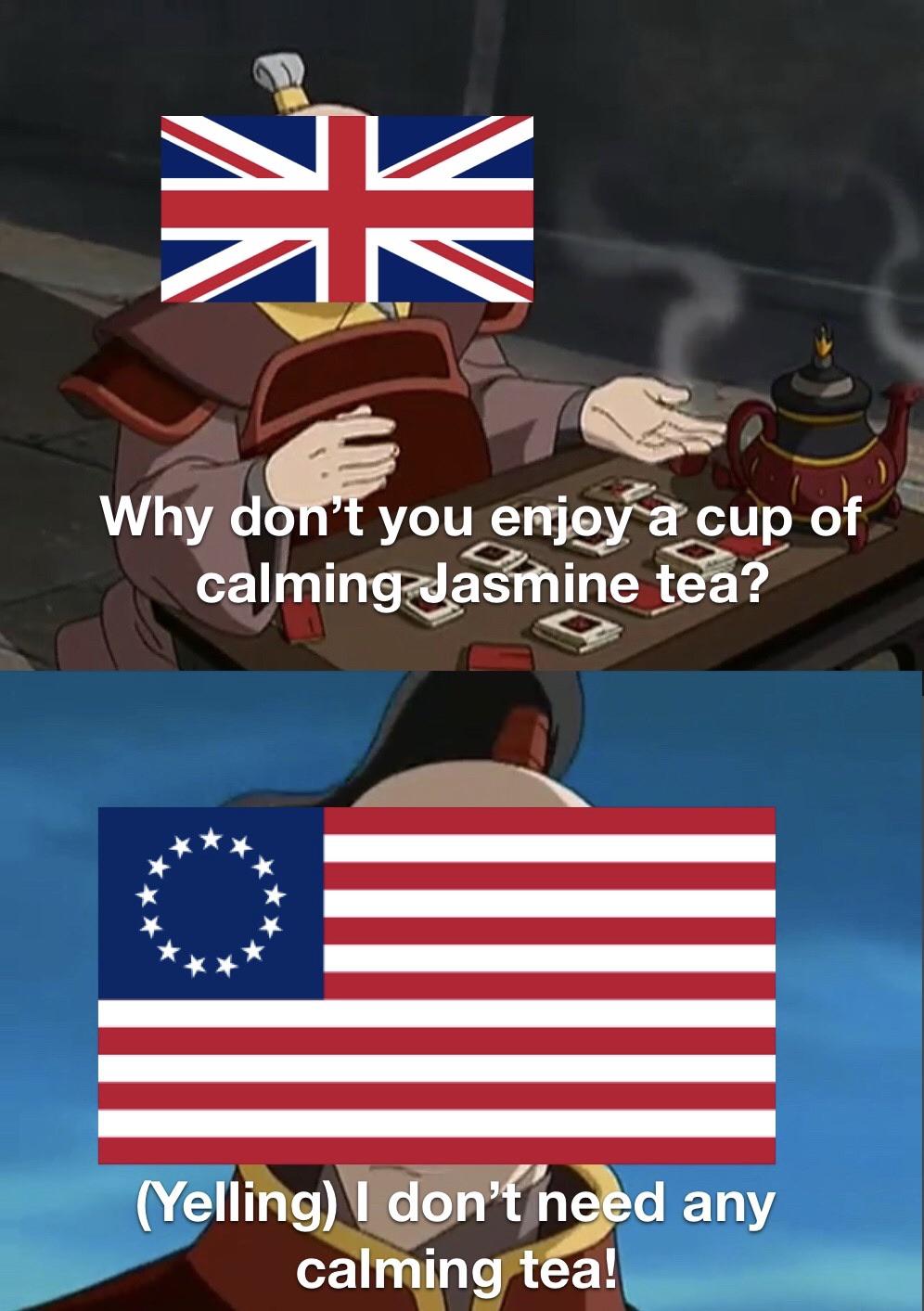 History, British, Iroh, Boston Tea Party, American, Zuko History Memes History, British, Iroh, Boston Tea Party, American, Zuko text: you enjeyäcup of 2 Why d calmingædasmine tea€ any calming tea!q 