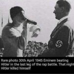 History Memes History, Eminem, Adolf Hitler Rap Battle text: Rare photo 30th April 1945 Eminem beating Hitler in the last leg of the rap battle. That night Hitler killed himself  History, Eminem, Adolf Hitler Rap Battle