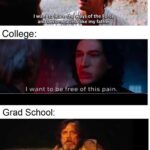 Star Wars Memes Sequel-memes,  text: Elementary: I want to learn the ways of the Forc6ikf ané@gcomqa Jed7iike my fatherf College: I want to be free of this pain. Grad School: I