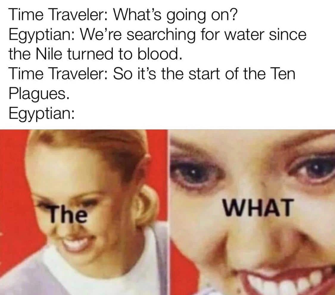 Christian, Nile, Moses, God, Gabriel, Egyptian Christian Memes Christian, Nile, Moses, God, Gabriel, Egyptian text: Time Traveler: What's going on? Egyptian: We're searching for water since the Nile turned to blood. Time Traveler: So it's the start of the Ten Plagues. Egyptian: frhe WHAT 