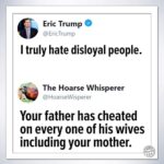 Political Memes Political, Trump text: Eric Trump @EricTrump I truly hate disloyal people. The Hoarse Whisperer @HoarseWisperer Your father has cheated on every one of his wives including your mother. omer98  Political, Trump