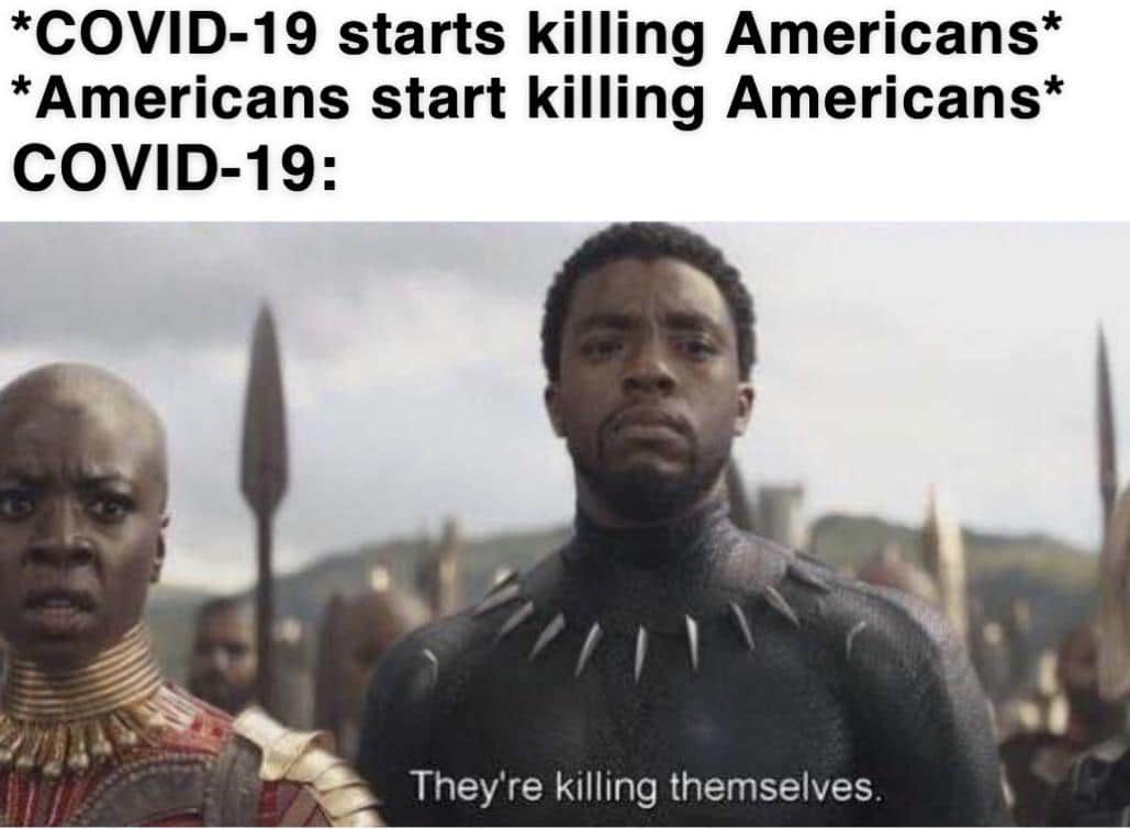 Funny, Americans, America, American, OVID, Earth other memes Funny, Americans, America, American, OVID, Earth text: *COVID-19 starts killing Americans* *Americans start killing Americans* COVID-19: They're killing themselves. 