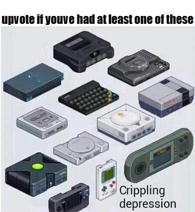 Depression, PS2, Xbox, Lynx, ZX Spectrum, SNES depression memes Depression, PS2, Xbox, Lynx, ZX Spectrum, SNES text: unvote it youve had at least one of these g • Crippling depression 